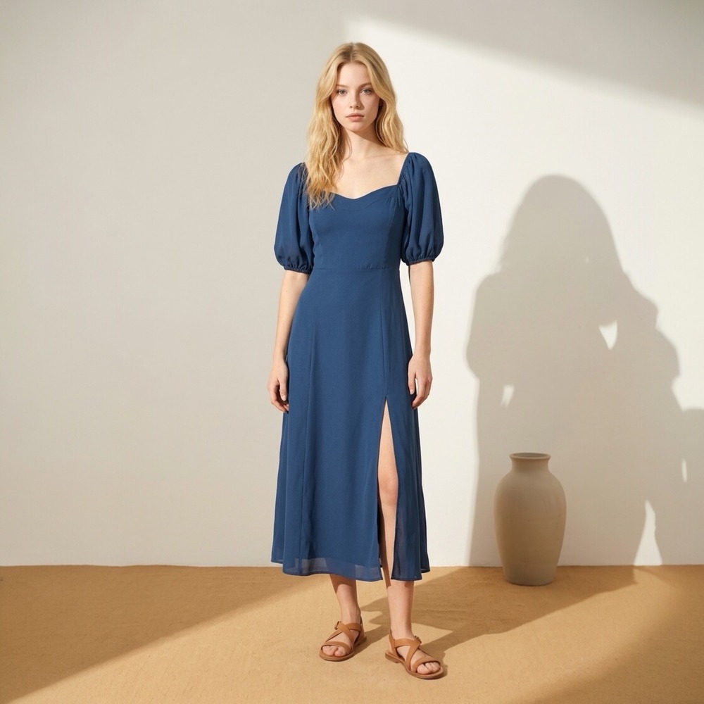 Abercrombie & Fitch Navy Blue Puff Sleeve Sweetheart Midi Dress Small Petite